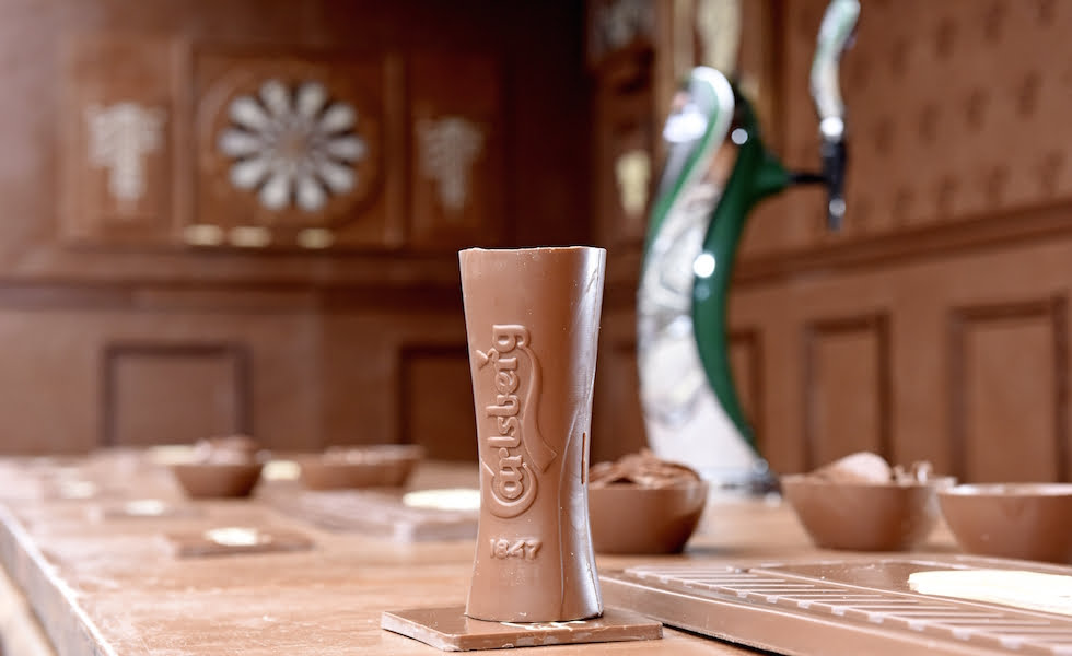 If Carlsberg did chocolate bars... Pictured: The interior of the bar included hand crafted chocolate glasses, pictures and a dartboard, all made out of chocolate.